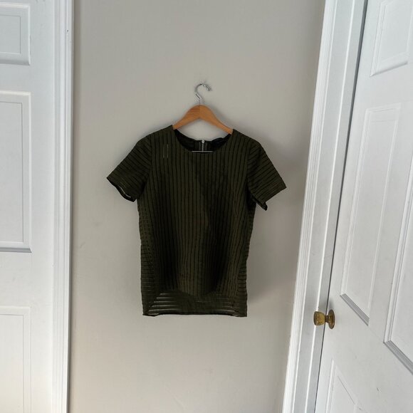 J.Crew Shadow Stripe Top Tunic Sheer Hi Low Hem Olive Green Size 8 - Picture 4 of 7